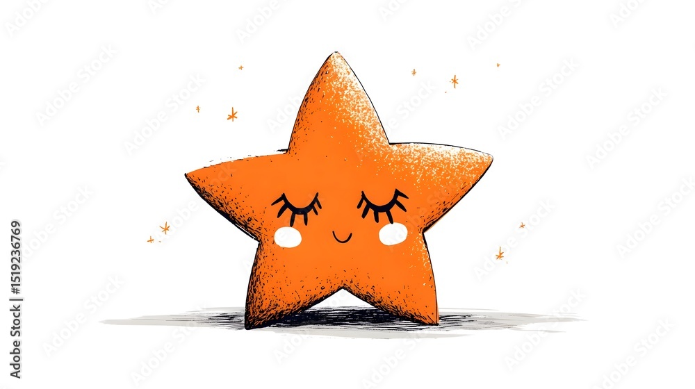 Poster Playful and friendly orange star with a charming smiling face and delicate eyelashes creating a whimsical and cheerful