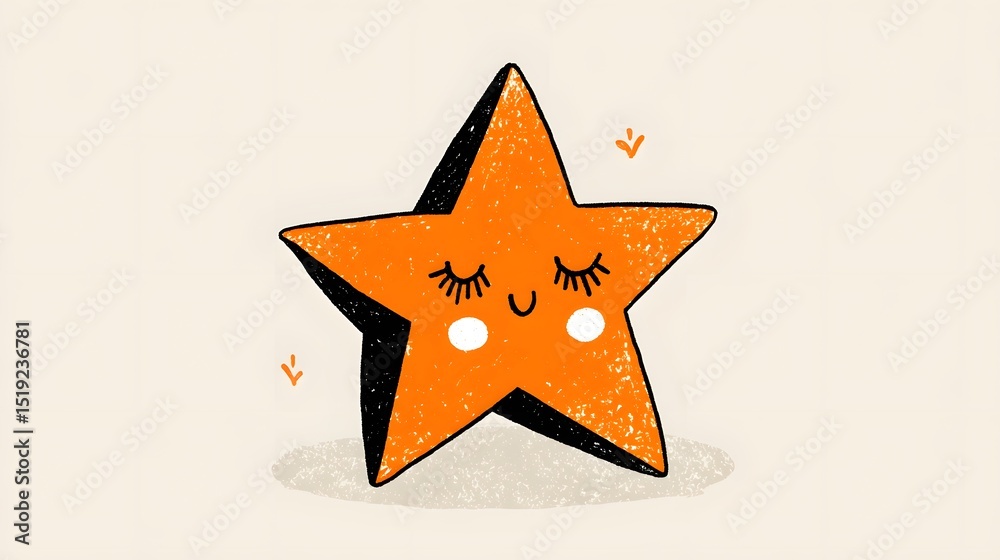 Poster cheerful and playful cartoon of a cute orange star with a smiling face and eyelashes creating a frie