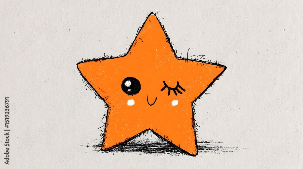 Poster whimsical and playful cartoon of a cheerful orange star with a smiling expression and delicate eyela
