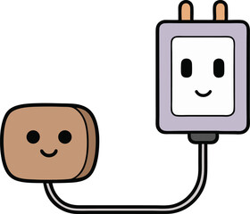 Cute cartoon power plug and socket with smiling faces connected by a cable. Perfect for energy, electricity, or technology themes. Ideal for kids, education, and digital projects.