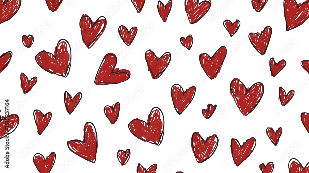 Poster vibrant repeating pattern of simple hand sketched red hearts in various sizes against a clean white 