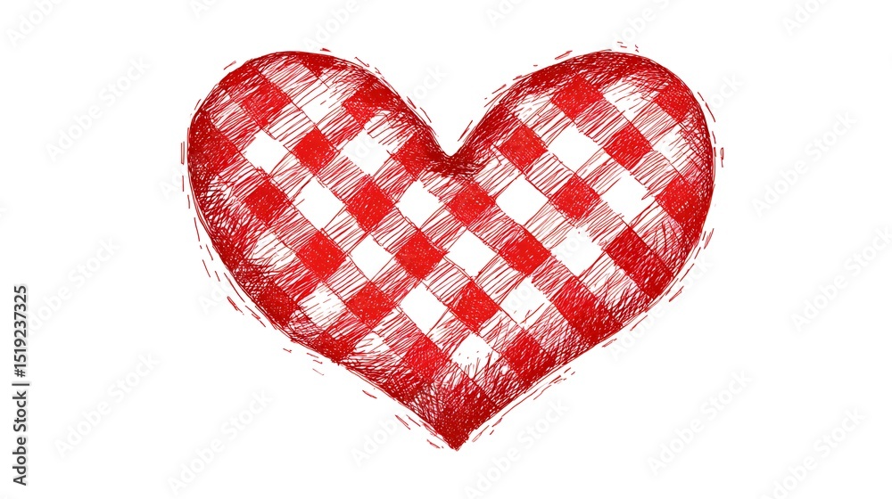 Poster whimsical hand drawn checkered heart in red against a simple white background with a doodle like art