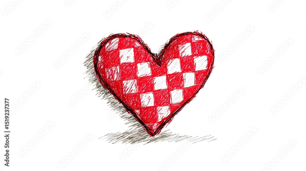 Poster whimsical red and white checkered heart with a casual doodle style appearance on a plain background