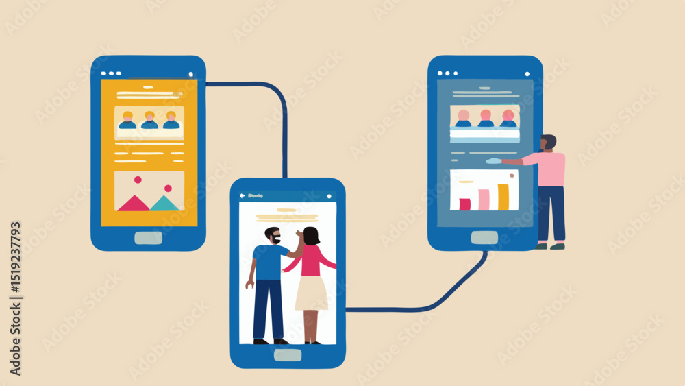 Wall mural illustration of three connected smartphones displaying different content and interface elements