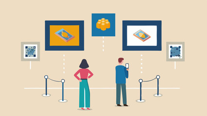 People viewing artwork in a museum with framed pictures and barriers in a modern art gallery setting