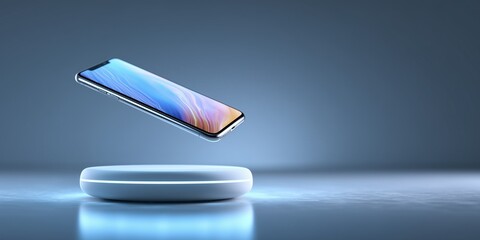 Futuristic levitating smartphone above wireless charging pad with glowing light and clean copyspace for modern tech concept visuals.









