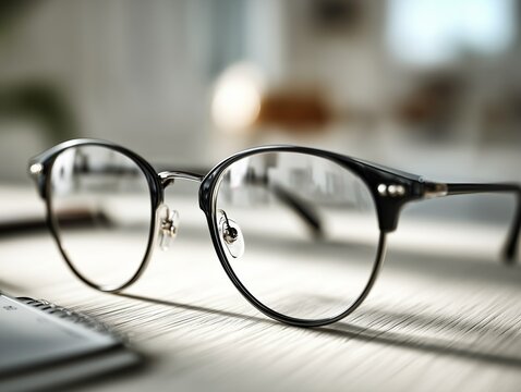 A pair of stylish spex with sleek black frames placed on a desk, perfect for eyewear, fashion, and modern lifestyle stock needs.









