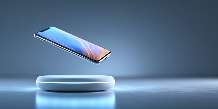 Futuristic levitating smartphone above wireless charging pad with glowing light and clean copyspace for modern tech concept visuals.









