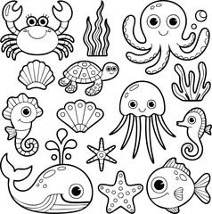 Cute sea animals line art cartoon illustration

