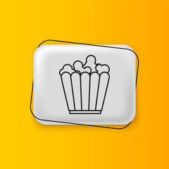 Black Popcorn in cardboard box icon isolated on yellow background. Popcorn bucket box. Silver rectangle button. Vector