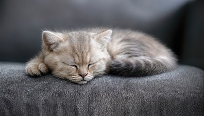 Silver Scottish Fold Kitten Napping on a Gray Sofa Adorable Ball of Fur Blending with Home Decor, Showcasing Cozy Atmosphere and Soft Textures in a Comfortable Living Space.
