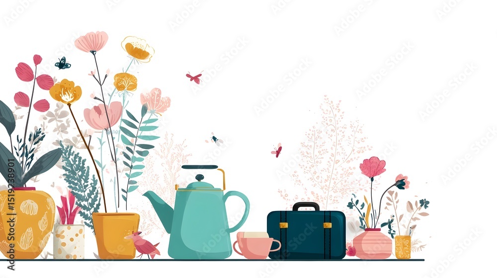 Poster vibrant whimsical featuring a border of blooming flowers lush foliage a tea set and a suitcase creat