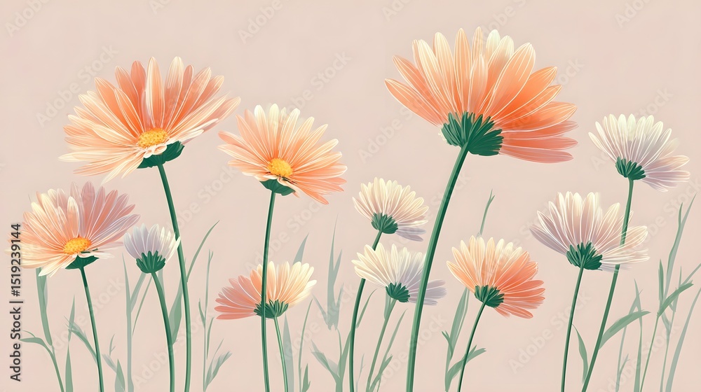 Poster A stylized pastel colored featuring a cluster of daisies with peach toned petals and green stems arranged in a botanical vector style layout