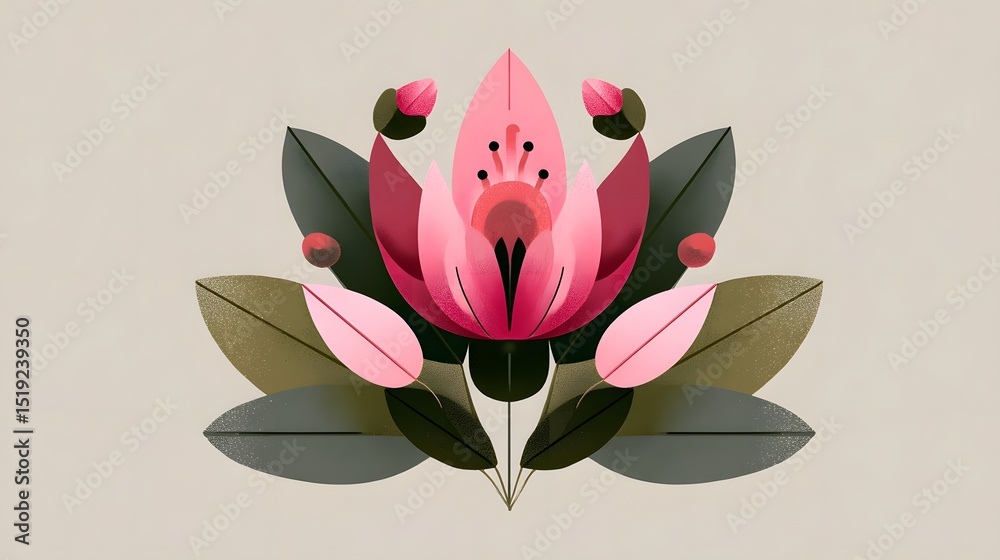 Poster elegant botanical featuring a bold symmetrical pink flower with lush foliage in a minimalist vector 