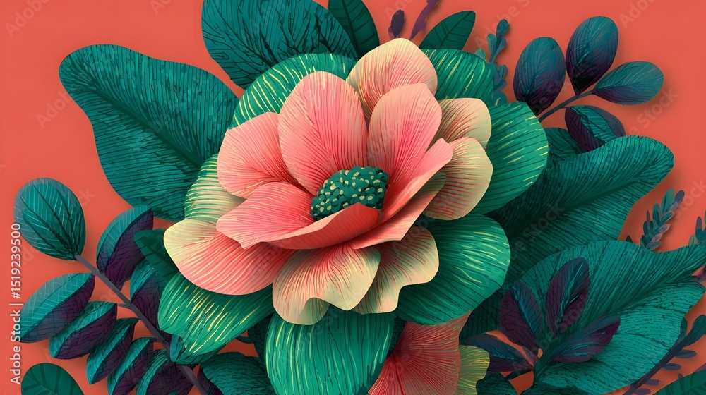 Poster Striking and visually captivating digital of a giant vibrant flower with lush green leaves and gradient colored petals set against a solid background in a modern stylized botanical theme