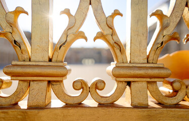 Intricate Golden Ornamental Design on Fencing With Sunlight Detailing