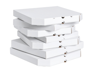 A stack of closed white pizza boxes arranged in a slightly tilted pile.
