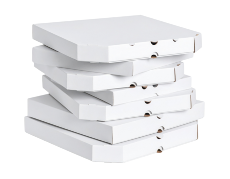 A stack of closed white pizza boxes arranged in a slightly tilted pile.