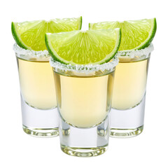 Three tequila shots with salted rims, each garnished with a fresh lime wedge.
