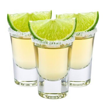 Three tequila shots with salted rims, each garnished with a fresh lime wedge.