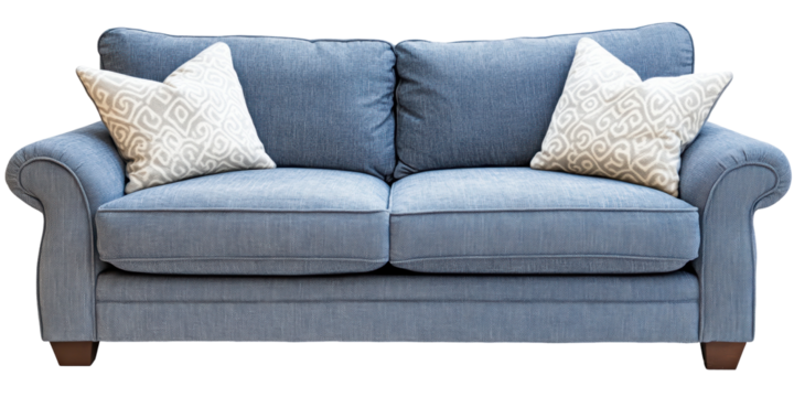 A light-blue, two-seater sofa with rolled arms and subtly patterned throw pillows