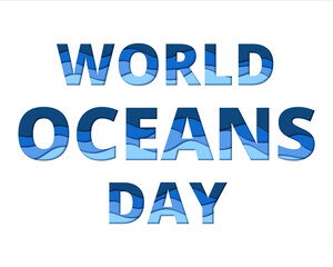 World Oceans Day text with wavy paper cut art effect. Concept of environmental awareness, protect water, ocean life. Typography design for poster or web