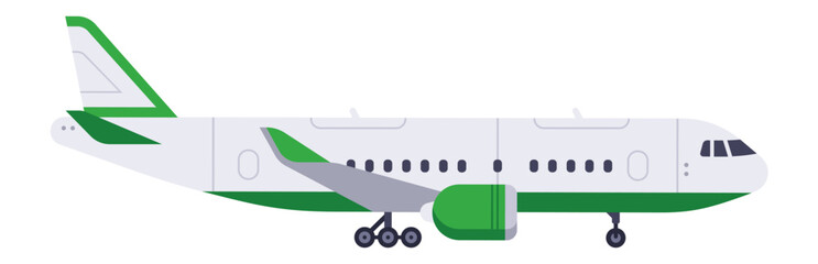Green and white passenger airplane standing on the ground, preparing for takeoff or landing, showcasing a modern flat vector illustration from a side view perspective