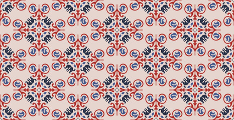 Fototapeta premium Abstract line shape flowers geometric motif basic pattern continuous background. Oriental style damask floral tile modern lux fabric design textile swatch ladies dress, man shirt all over print block.