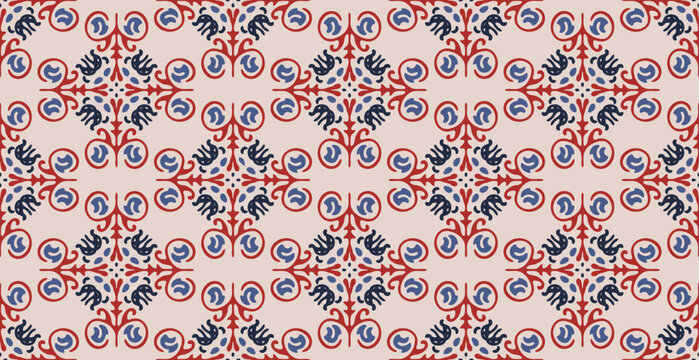 Abstract line shape flowers geometric motif basic pattern continuous background. Oriental style damask floral tile modern lux fabric design textile swatch ladies dress, man shirt all over print block.
