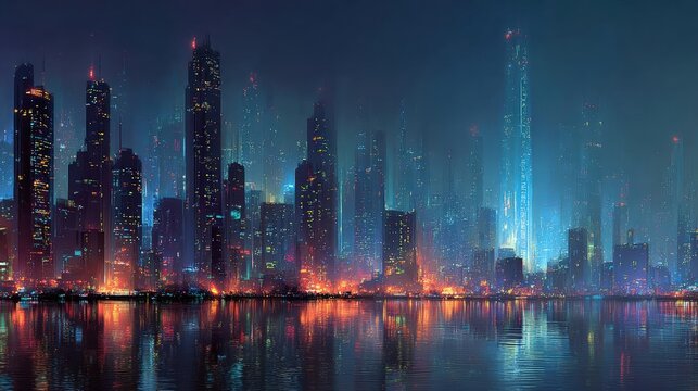Imagine a futuristic cyber metropolis at night