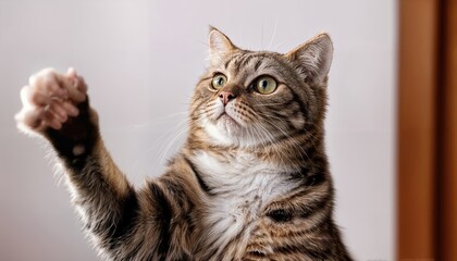 Playful Cat Raising a Hand Paw in a Whimsical Living Room Scene, Featuring a Vibrant Mixed Media Collage of Textures and Colors, Embracing a Joyful Atmosphere.