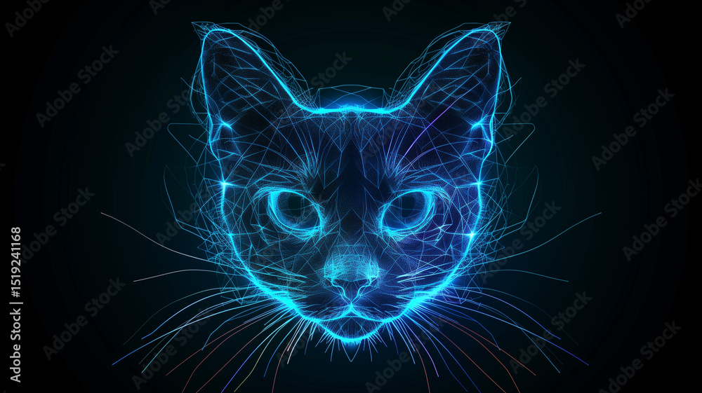 Poster this glowing hologram of a cat floats, showcasing vibrant lines in a futuristic digital environment.