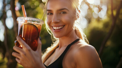 Happy Young Woman in Yoga Clothes Smiling and Holding Takeaway Iced Coffee Close Up, High Definition Stock Photo for Advertising Healthy Lifestyle