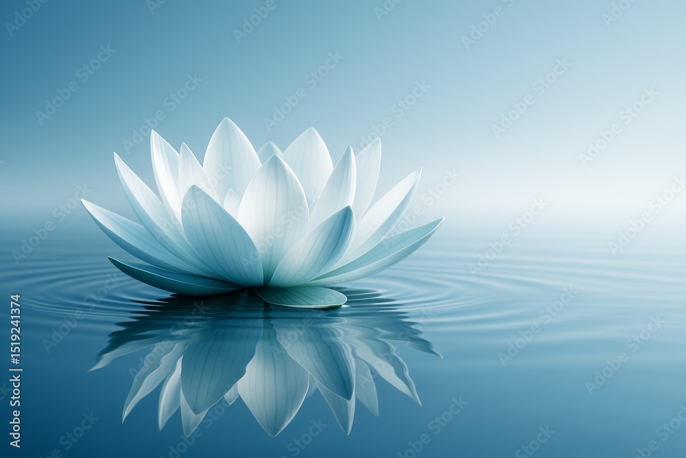 Aufkleber white lotus flower floating on calm water with soft light and blue gradient background, symbolizing 