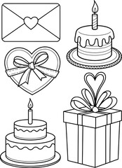 Cute coloring page featuring cakes presents and a letter