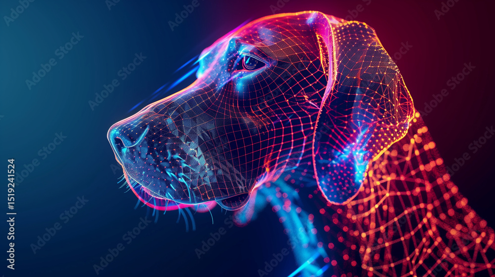 Poster This floating hologram of a dog glows softly, displaying realistic features in a futuristic setting.