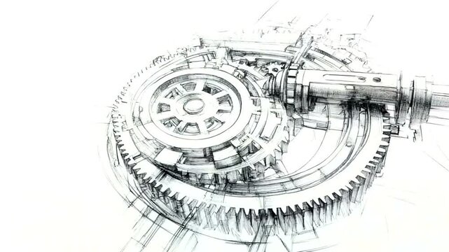 Detailed mechanical gears and sprockets in a complex system, drawn in a sketch style