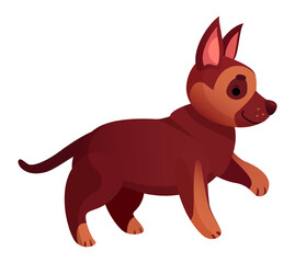 Happy brown puppy with pointy ears and big paws trotting along joyfully, enjoying a leisurely stroll while wagging its tail gently, radiating charm and playfulness