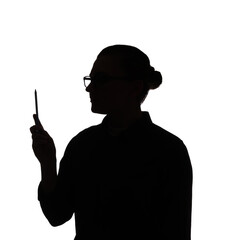 Silhouette of woman with pencil on white background