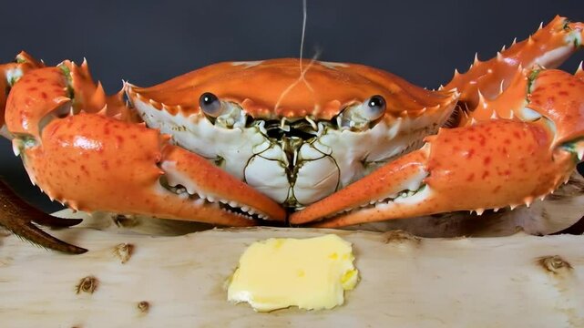 Close-up of a vibrant orange crab positioned on a light-colored wooden surface, with a small piece of butter in the center. The crab's large eyes and claws are prominent features