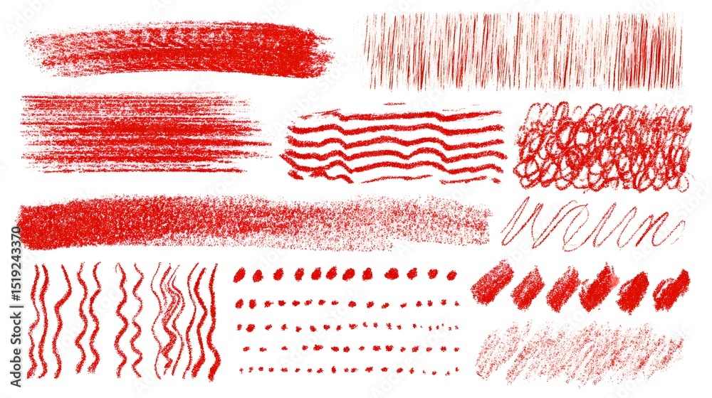 Poster Expressive and dynamic abstract composition created with bold vibrant red crayon strokes dotted lines and scribbles in a variety of styles including curly dashed