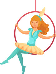 Fototapeta premium Female circus artist performing an aerial hoop act, displaying remarkable grace and skill in a vibrant, dynamic entertainment environment filled with excitement and joy