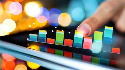 Data analysis action digital device infographic content urban environment close-up viewpoint business intelligence concept