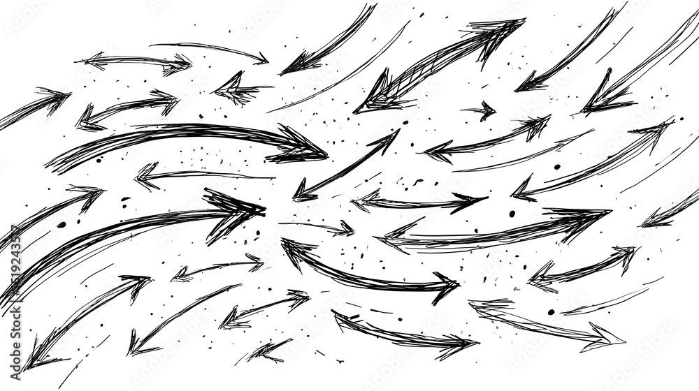 Poster A dynamic abstract composition featuring an array of black hand drawn arrows and sketch lines in fluid energetic motion across a white background