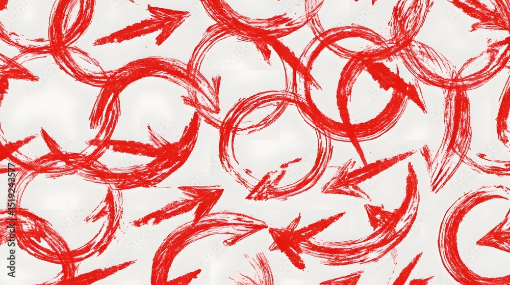 Poster An abstract dynamic pattern of vibrant red sketch arrows forming interlocking circular loops creating a chaotic and playful hand drawn design