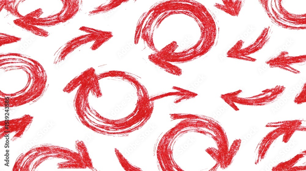 Poster A dynamic hand drawn pattern of red sketch arrows forming chaotic looping circular motions pointing in multiple divergent directions in an abstract playful display