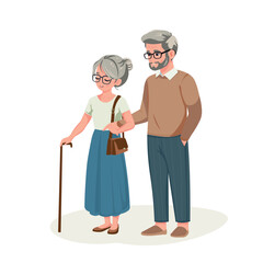 happy old couple walking  together grandparents  cartoon vector flat design