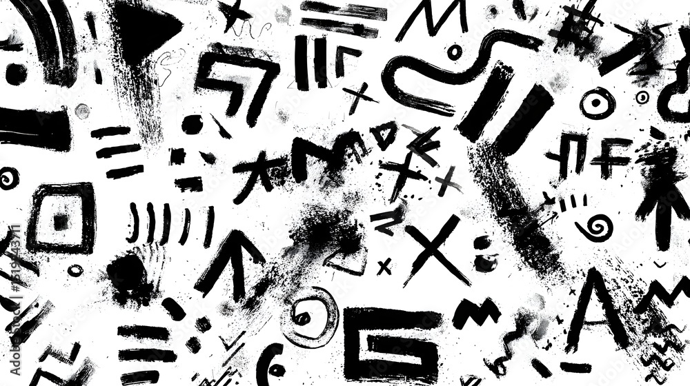 Poster Abstract grunge style background with a dynamic composition of overlapping black underlines swirls arrows and various symbols in a mixed freehand layout