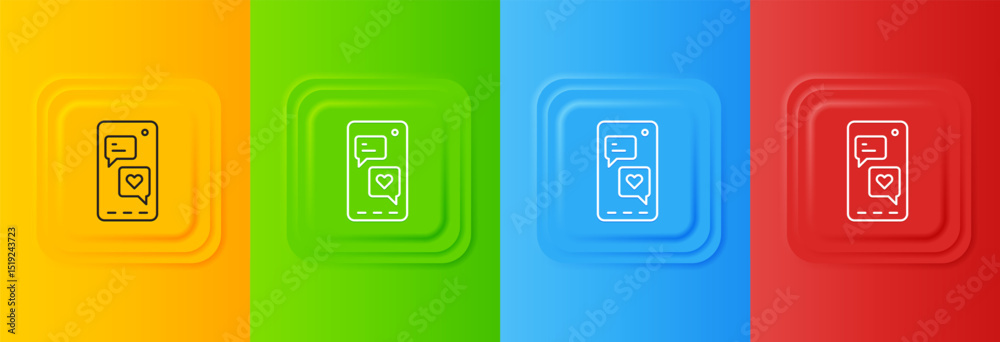 Poster white smartphone with heart emoji speech bubble get message on screen icon isolated on colorful back