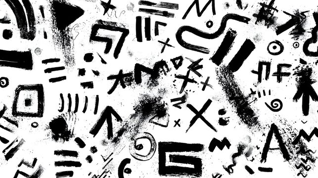 Abstract grunge style background with a dynamic composition of overlapping black underlines swirls arrows and various symbols in a mixed freehand layout
